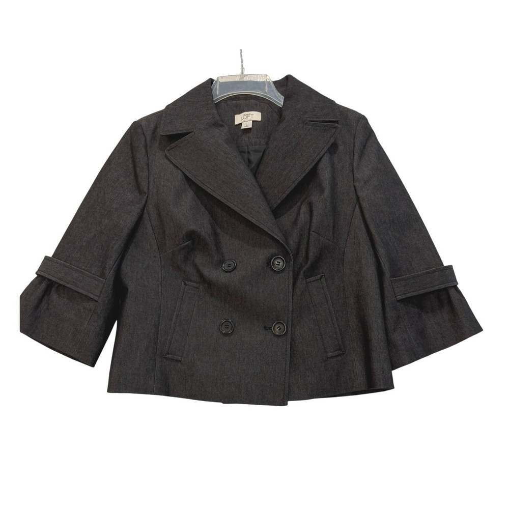 Ann Taylor Loft Dark Wash Denim Double Breasted Cropped Jacket 3/4 Sleeve Size 8